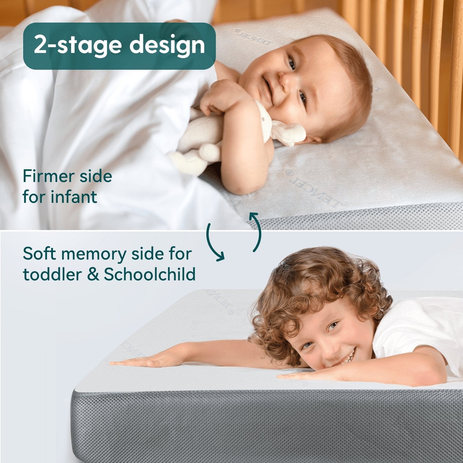 Babelio crib mattress with dual-sided design for infants and toddlers in a nursery