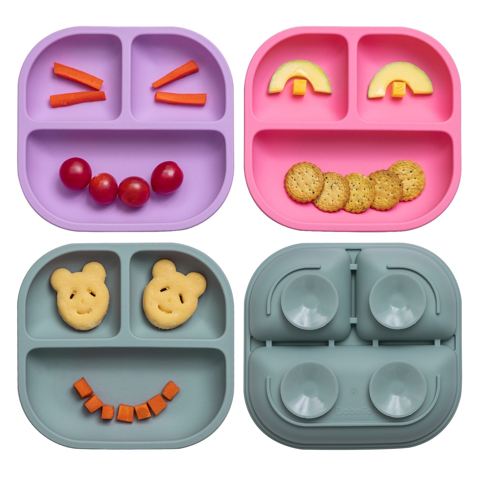 Babelio silicone suction plates for babies and toddlers, 3-pack, in assorted colors and designs.