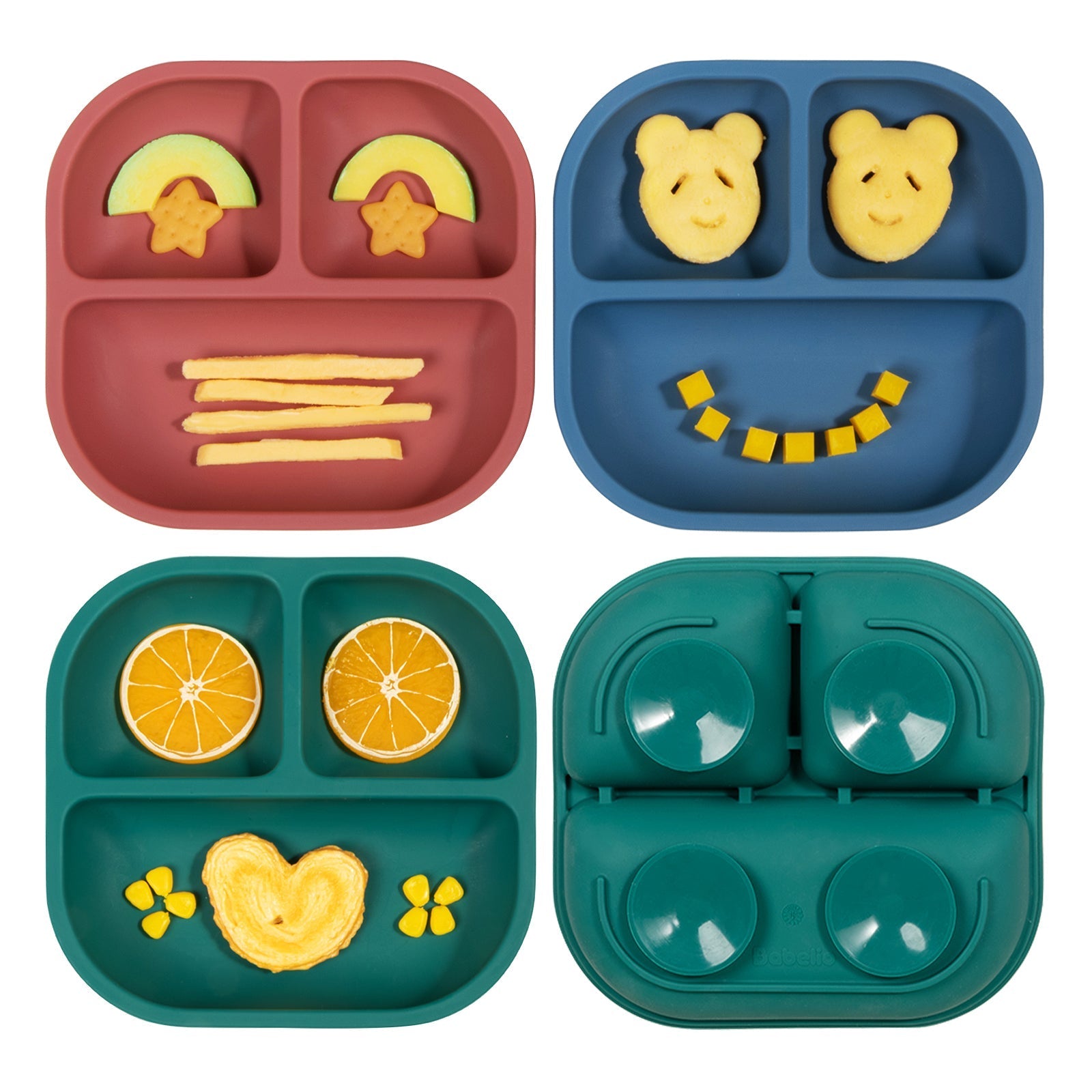 Babelio colorful silicone baby suction plates with snacks, ideal for stress-free feeding.