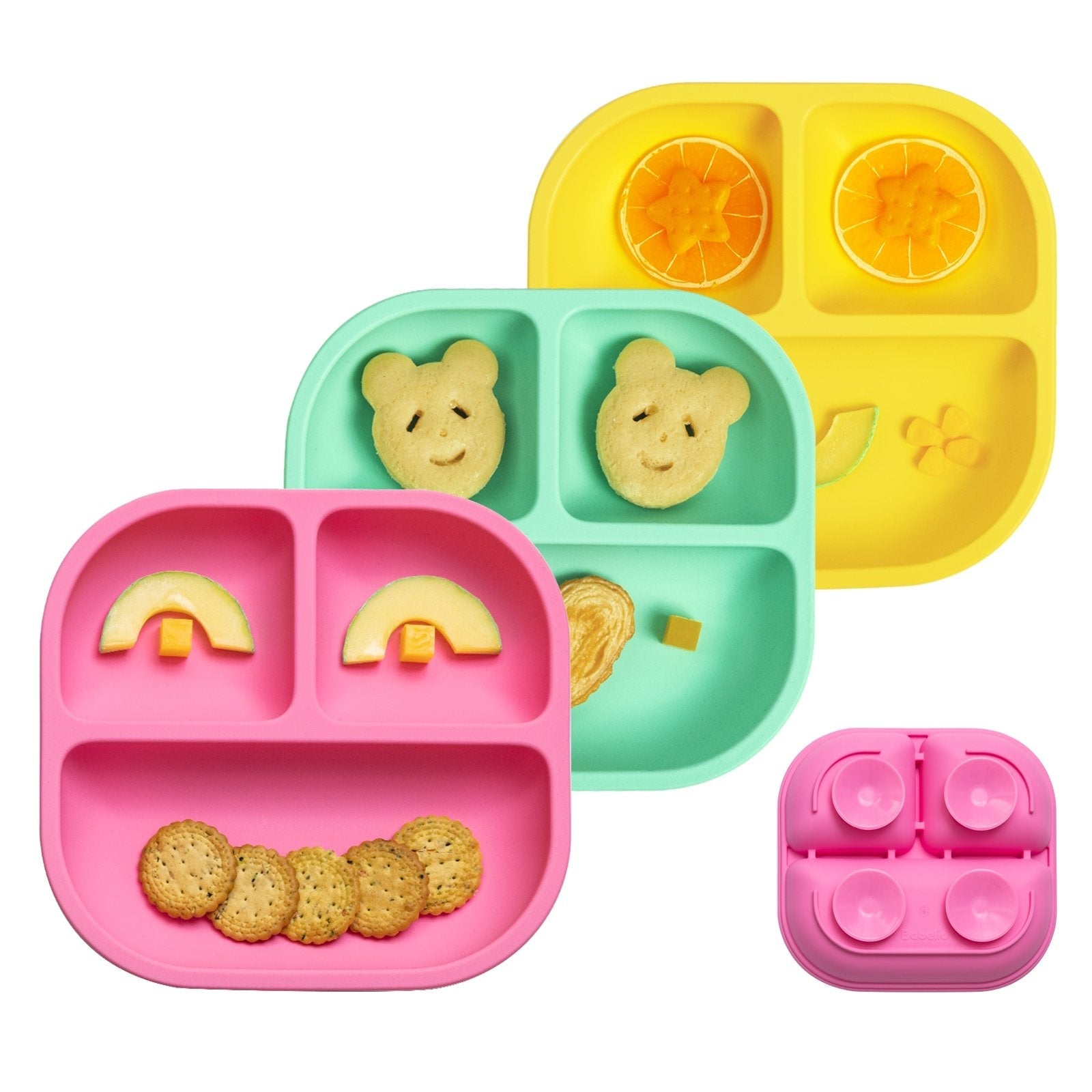 Babelio baby suction plates in yellow, green, and pink with snacks, ideal for mealtime.