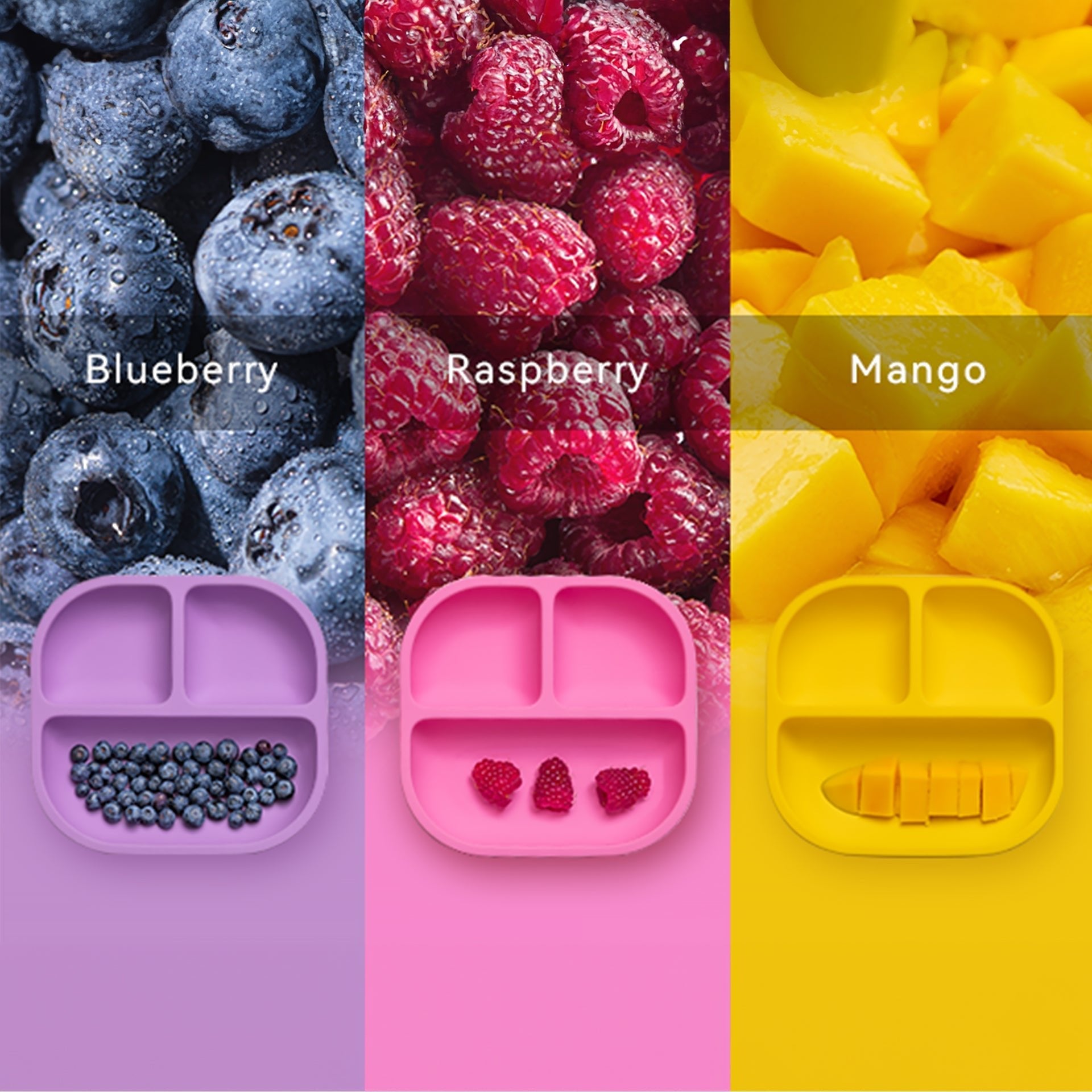Babelio suction plates for babies shown with blueberries, raspberries, and mango, each plate matching the fruit color.