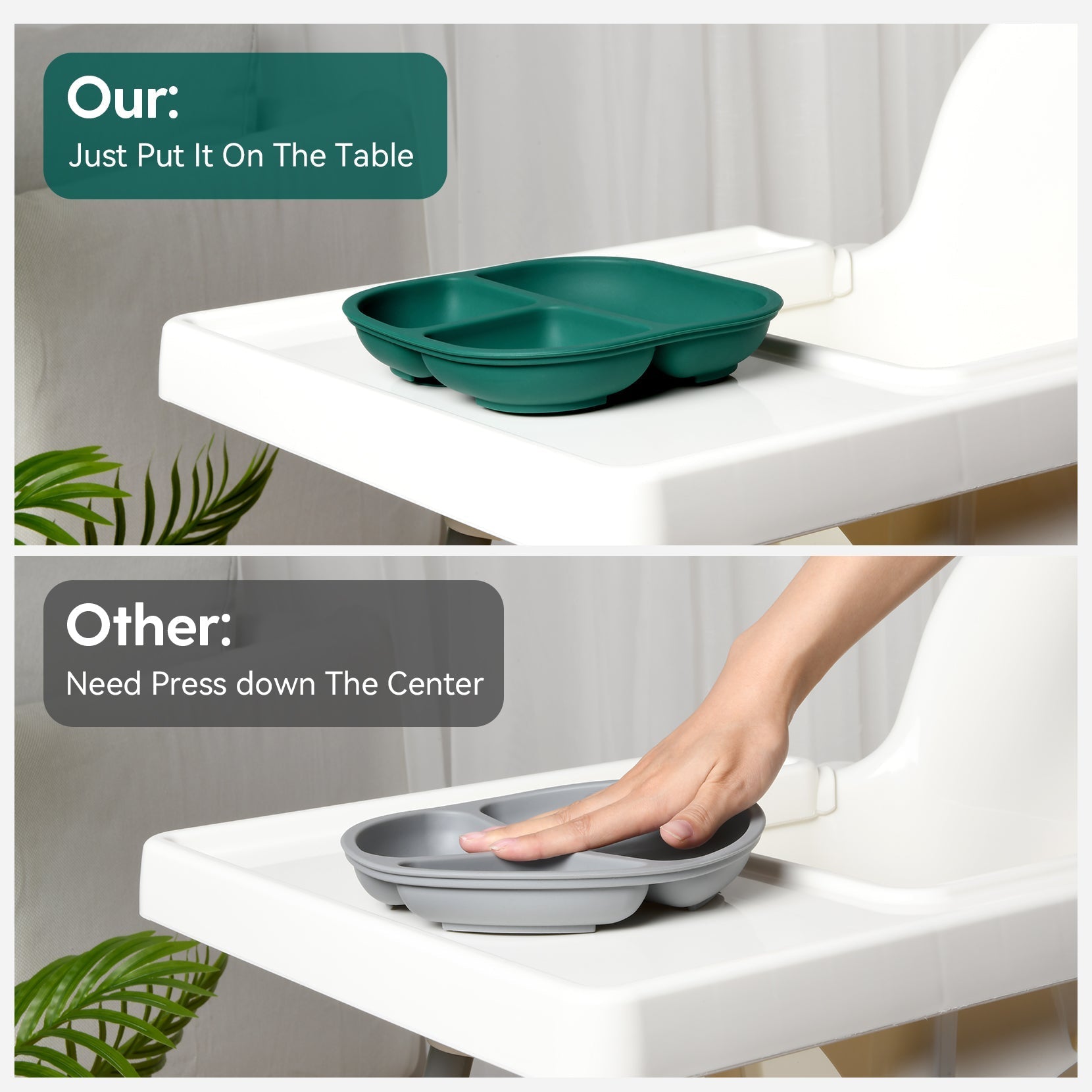 Babelio baby suction plate on high chair tray in dining room, easy no-press feeding solution