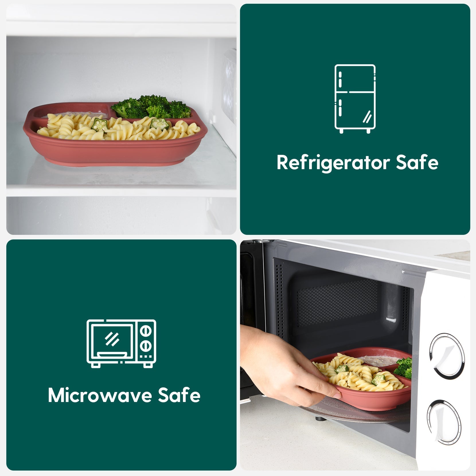 Babelio silicone baby suction plate, safe for microwave and refrigerator, shown in kitchen setting