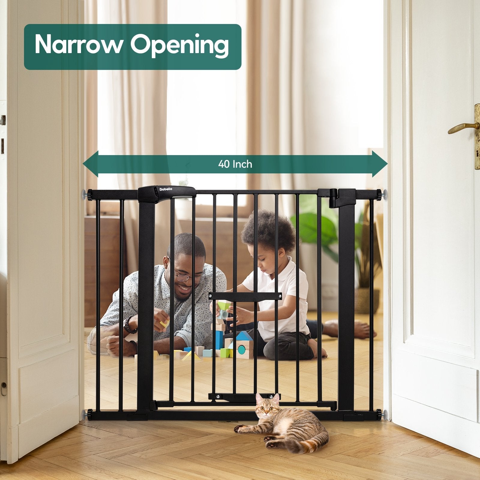 Babelio black baby safety gate with adjustable cat door in a living room doorway, 40-inch narrow opening