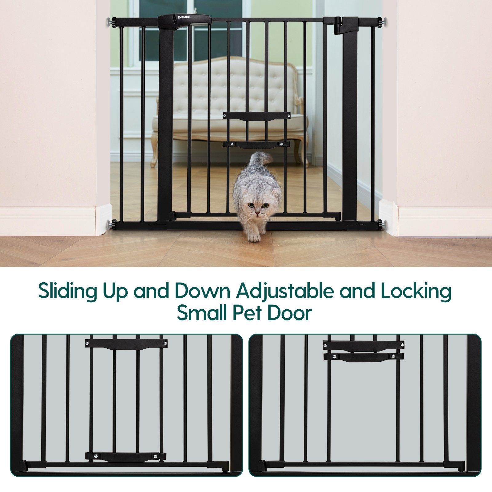 Babelio baby safety gate with adjustable cat door installed in a living room, cat walking through.