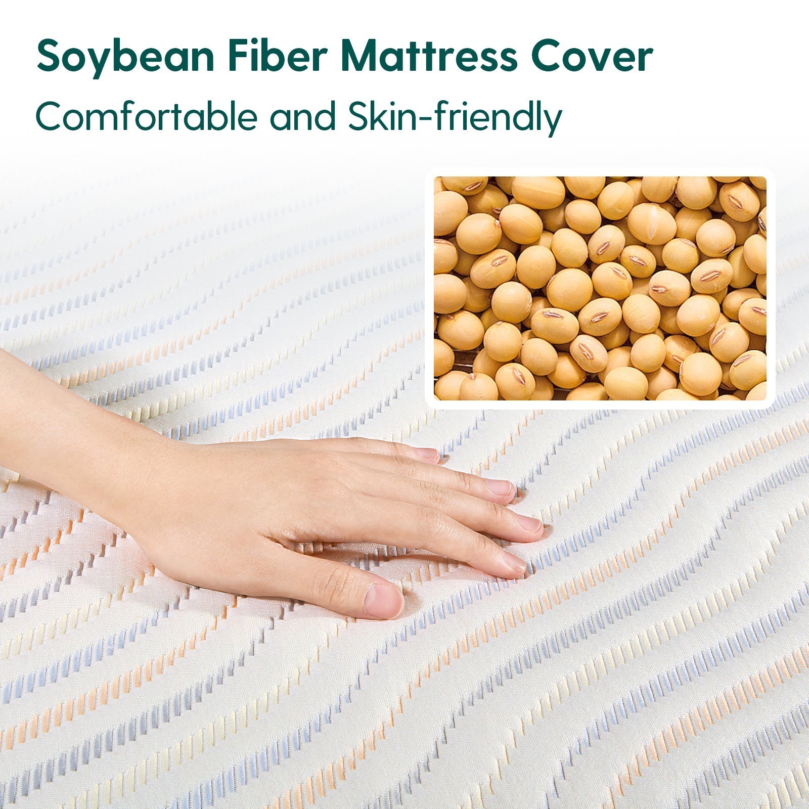 Babelio crib mattress with soybean fiber cover, hand touching soft fabric in nursery setting